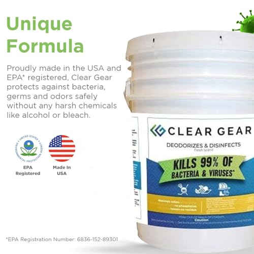 Clear Gear Disinfectant Spray, Mat Cleaner, and Deodorizer For Surfaces, Equipment, Protective Gear and Facilities - Hospital Grade Disinfectant - 5 Gallon Bulk Gym Cleaning Supplies - size: 640 Fl Oz (Pack of 1)