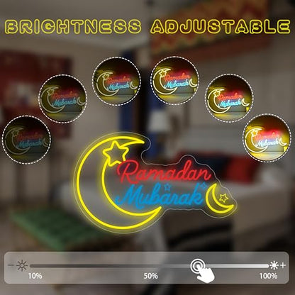 Ramadan Mubarak Neon Sign, Dimmable Led Sign Crescent Moon Wall Light for Ramadan Decorations, Islamic Home Decor for Window, Living Room & Bedroom Festival Display
