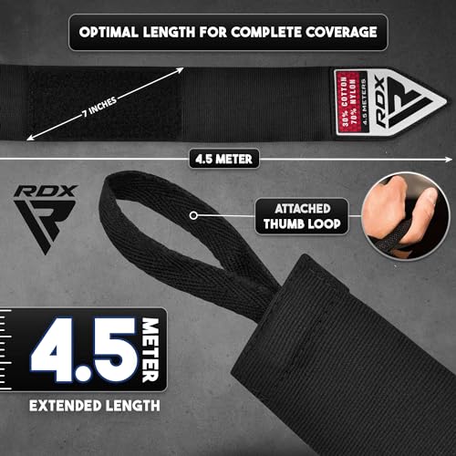 RDX Boxing Hand Wraps 4.5M / 180 Inches – Mexican Style Semi-Elastic MMA Inner Gloves - Wrist Support for Muay Thai, Kickboxing, BJJ, Karate - Thumb Loop & Hook and Loop Closure - Cotton & Nylon Blend - color: Black