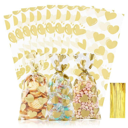 COQOFA 100 Pcs Gold Heart Cello Cellophane Treat Bags - Clear Candy Cookie Bags with Twist Ties for Baby Shower, Valentine, Wedding, Birthday - color: Gold Heart, size: 4x9 in