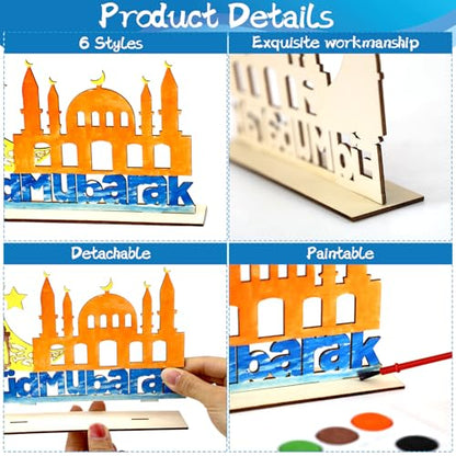 MUOUAKATE 6 Pcs Wooden Ramadan and Eid Crafts Kit, Paint Your Own Ramadan Activities for Boys Girls Ages 3-10 11 12, Ramadan Gifts for Ramadan Eid Party Supplies Class Home Table Decoration