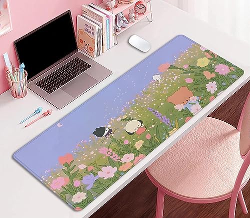 Flower Desk Pad Mouse Pad，Large Cartoon Cute Mouse Pads with Stitched Edges,Non-Slip Waterproof Rubber Base,Kawaii Nature Desk Mat for Desktop,Keyboard Pad for Office Home Work(27.5X11.8 in) - color: Bear and Flower