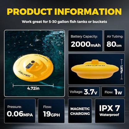 Floating & Rechargeable Bait Bucket Aerator, IPX7 Waterproof with Magnetic Charging, Ultra-Quiet Bubbler for Live Minnows, Portable Aerator for Fishing