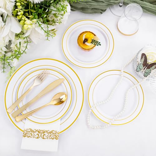 Supernal 200pcs Gold Plastic Dinnerware included 25 Party Dinner Plates 25 Dessert Plates 25 Disposable Cups and 25 Paper Napkins Disposable 25 Spoons 25 Knives 50 Forks for Party and Wedding - color: 200pcs White and Gold Plastic Dinnerware