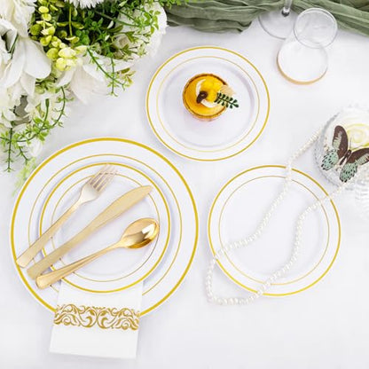 Supernal 200pcs Gold Plastic Dinnerware included 25 Party Dinner Plates 25 Dessert Plates 25 Disposable Cups and 25 Paper Napkins Disposable 25 Spoons 25 Knives 50 Forks for Party and Wedding - color: 200pcs White and Gold Plastic Dinnerware