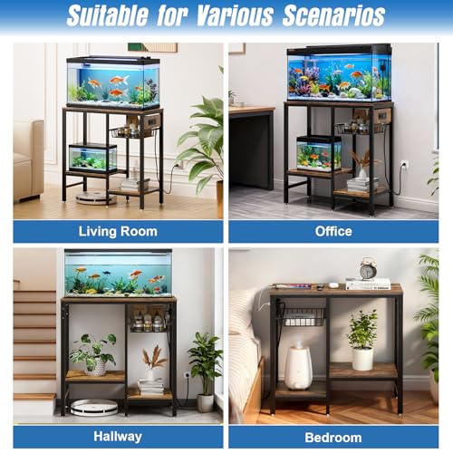 20 Gallon Fish Tank Stand with Power Outlet & Adjustable Shelves | Metal Aquarium Stand with Pull Out Wire Tray, Ample Storage for Fish Tanks Accessories, Reptile Tank Stands, Brown