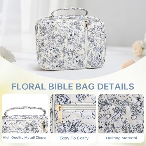 Bible Cover Case for Women Large Bible Cover with Durable Handle Quilted Bible Carrying Case for Girls Bible Study Supplies Accessories (Big Blue Flower, Big Blue Flower) - color: Big Blue Flower
