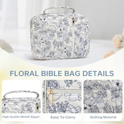 Bible Cover Case for Women Large Bible Cover with Durable Handle Quilted Bible Carrying Case for Girls Bible Study Supplies Accessories (Big Blue Flower, Big Blue Flower) - color: Big Blue Flower