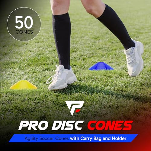 Pro Disc Cones (Set of 50) - Agility Soccer Cones with Carry Bag and Holder for Sports Training, Football, Basketball, Coaching, Practice Equipment, Kids - Includes 15 Best Cone Drills Book - color: Bright Yellow