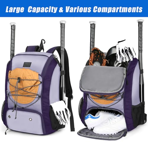 MATEIN Baseball Backpack, Softball Bat Bag with Shoes Compartment for Youth, Boys and Adult, Lightweight Baseball Bag with Fence Hook Hold TBall Bat, Batting Mitten, Helmet, Caps, Teeball Gear - color: Purple, size: 29L
