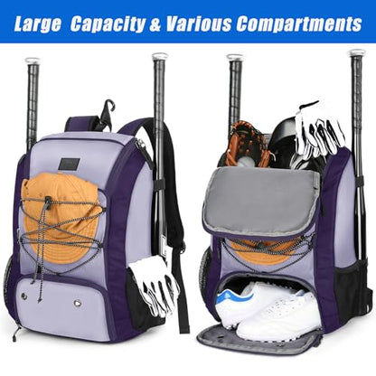 MATEIN Baseball Backpack, Softball Bat Bag with Shoes Compartment for Youth, Boys and Adult, Lightweight Baseball Bag with Fence Hook Hold TBall Bat, Batting Mitten, Helmet, Caps, Teeball Gear - color: Purple, size: 47L