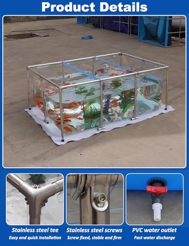 PVC Plastic Koi Fish Pond - Transparent Foldable Outdoor Aquarium Ornamental Large Fish Tank with Stainless Steel Frame - Above Ground Pond with Drain Valve Rectangular Pool(78.7"x59.0"x23.6") - size: 78.7"x59.0"x23.6"