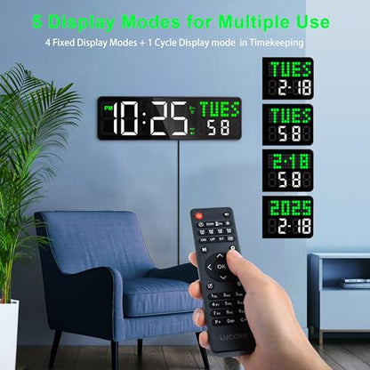 LUCORB 12'' Gym Clock, Interval Workout Digital Wall Clock with Seconds Date for Home Gym, 5 Display Modes | Remote Countdown Timer, Stopwatch | 4 Alarms fit Classroom Living Room Office