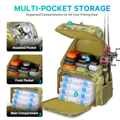 Fishing Backpack, 45L Large Cooler Fishing Tackle bag with Rod Holders & Rain Cover, Water-resistant Store Gear (Khaki Camo) - color: Khaki Camo