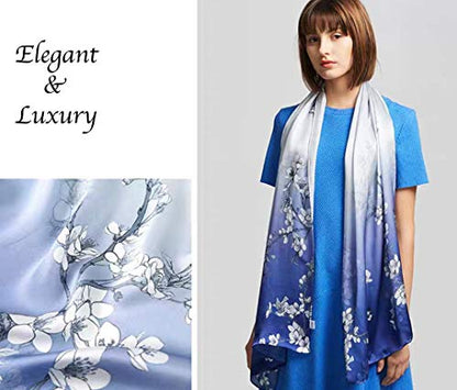 ANDANTINO 100% Silk Long Scarf-Women Large Oblong Shawls with Gift Packed - color: Blue&white Plum Flowers