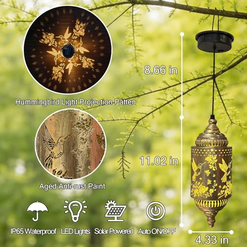 2 Pack Solar Hummingbird Hanging Lantern for Patio, Porch & Garden Decor | Casts beautiful hummingbird patterns, waterproof outdoor lanterns and thoughtful gardening gifts for women. - style: Hummingbird