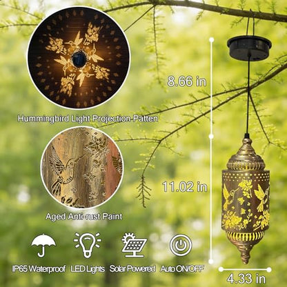 2 Pack Solar Hummingbird Hanging Lantern for Patio, Porch & Garden Decor | Casts beautiful hummingbird patterns, waterproof outdoor lanterns and thoughtful gardening gifts for women. - style: Hummingbird