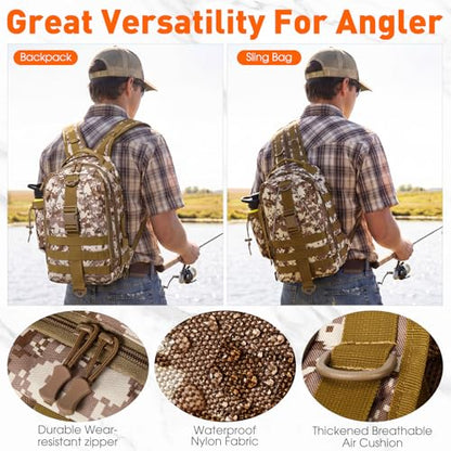 RoundFunny 256 Pcs Fishing Backpack with Tackle Box Gears, Tackle Sling Bag Backpack, Fishing Hook, Lures, Retractable Landing Net, Plier, Lip Gripper, Hook Remover, Fish Gift Men - color: Desert Camouflage