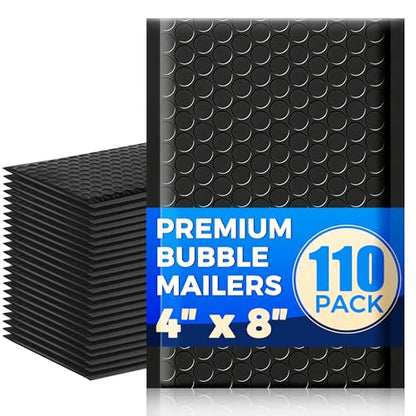 110-Pack Bubble Mailer 4'' x 8'' - Self-Sealing Waterproof Small Mailing Envelopes Padded Lightweight Shipping Bags for Accessories, Small Parts, Jewelry, Trading Cards, Compact Items 4x7 Usable Space - color: Black - 110 Pack