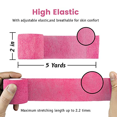 FRESINIDER 9 Rolls Self Adhesive Wrap Athletic Tape Gauze, Breathable Elastic Cohesive Bandage for Sports Injury & Pet (7 Pcs 2" x 5 Yards + 2 Pcs 1" X 5 Yards) (Pink) - color: Pink