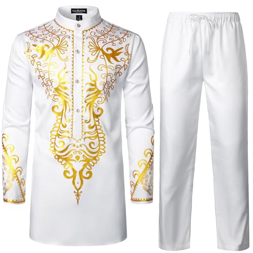 LucMatton Men's African Attire 2 Piece Set Shirt and Pants - color: White Gold, size: Medium