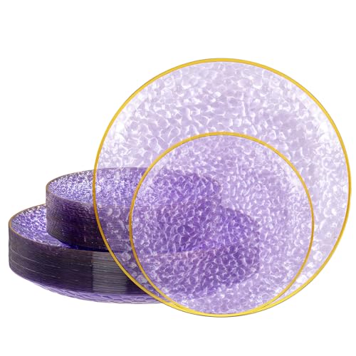 SUT 36Pcs Purple Plastic Plates, Hammered Plates Disposable Heavy Duty, Purple Disposable Plates With Gold Rim, Fancy Plastic plates Include 18 Dinner and 18 Dessert plates for Wedding - color: Purple, size: 36PCS