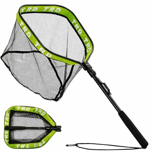 AluFloat X1 Fishing Net with Handle (Fish Net) - Floating Foldable Rubber-Coated Deep Mesh Landing Net for Bass & Fly Fishing - Fishing Gear, Kayak Accessories, Fishing Accessories - color: Neon green
