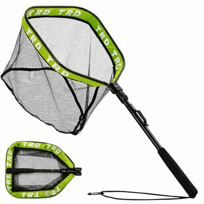 AluFloat X1 Fishing Net with Handle (Fish Net) - Floating Foldable Rubber-Coated Deep Mesh Landing Net for Bass & Fly Fishing - Fishing Gear, Kayak Accessories, Fishing Accessories - color: Neon green