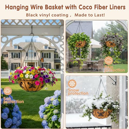 14 inch Metal Hanging Baskets For Plants Outdoor 4 Pack Round Metal Wire Hanging Basket Planter with Coco Fiber Liners Chain Round Wire Plant Holder for Garden, Patio, Deck, Porch Plants Flower Potss - size: 14 Inch, style: Butterfly
