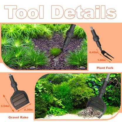 SEAOURA 7-in-1 Aquarium Cleaning Tool, Fish Tank Cleaner with Telescopic Handle,Aquariums Scraper,Adjustable Angle Brush,Gravel Rake,Plant Fork, Flat Sponge,Large Fishes Net,Hose Brushes