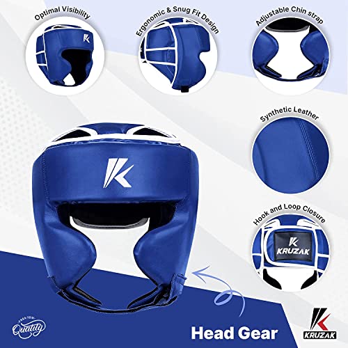 Kruzak Unisex Boxing Headgears - MMA Training, Adjustable Padded, Kara,Muay Thai Headgear, Kickboxing, Sparring, Martial Arts, Karate, Taekwondo MMA Body Equipment - color: Blue, size: Small-Medium