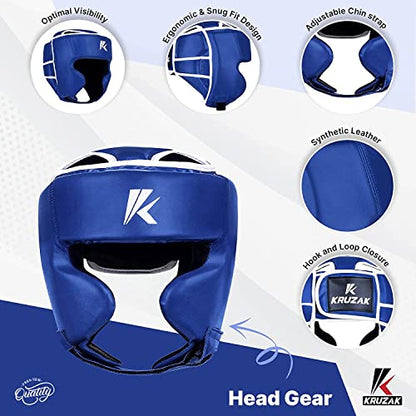 Kruzak Unisex Boxing Headgears - MMA Training, Adjustable Padded, Kara,Muay Thai Headgear, Kickboxing, Sparring, Martial Arts, Karate, Taekwondo MMA Body Equipment - color: Blue, size: Large-X-Large