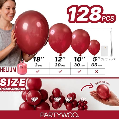 PartyWoo 버건디 풍선 128피스 다양한 사이즈 45.7cm(18인치), 30.5cm(12인치), 25.4cm(10인치), 12.7cm(5인치) 다크 체스트넛 레드 마룬 풍선 아치 키트 화환 생일 졸업 기념일 체리 카지노 파티 장식 레드-Y62 - color: 버건디-y62