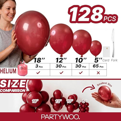 PartyWoo 버건디 풍선 128피스 다양한 사이즈 45.7cm(18인치), 30.5cm(12인치), 25.4cm(10인치), 12.7cm(5인치) 다크 체스트넛 레드 마룬 풍선 아치 키트 화환 생일 졸업 기념일 체리 카지노 파티 장식 레드-Y62 - color: 버건디-y62