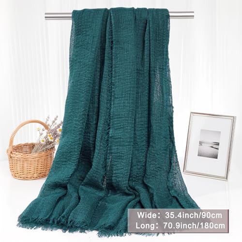 Nydotd Women Summer Cotton Linen Scarf Crinkle Long Beach Shawl Wrap hijab with Fringe - color: Dark Green