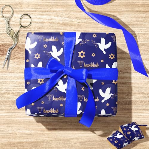 Cuitpan Hanukkah Wrapping Paper - Festival Gift Wrap with Doves, Menorahs, Star of David & Hanukkah Design - Perfect for Jewish Holiday Presents - 40×28 Inches, 4 Folded Sheets - color: Blue-Hanukkah