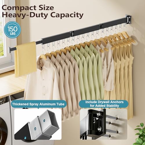 JAUREE Clothes Drying Rack Wall Mounted, Space-Saving Drying Rack Clothing, Collapsible Foldable Retractable Laundry Rack with 18 Hooks, Indoor/Outdoor, Black - color: Black