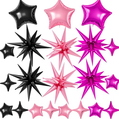 21 Pcs Star Balloons,22/18/10 Inch Star Foil Mylar Balloon,Spike Balloon and Four Pointed Balloons for Party Supplies Christmas Birthday Wedding Photo Booth (Black Pink Hot Pink) - color: Black Pink Hot Pink