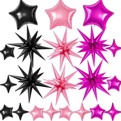 21 Pcs Star Balloons,22/18/10 Inch Star Foil Mylar Balloon - color: Black Pink Hot Pink