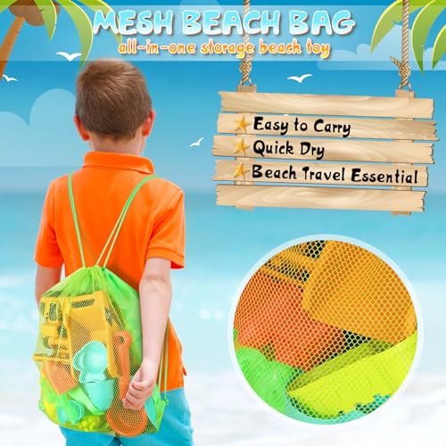 HUITEM Beach Sand Toys for Kids, 29PCS Sandbox Toys with 2 Collapsible Bucket Sand, 2 Dump Truck, Dinosaur Molds, Castle Building Kit, Shovel Sieve,Flags,Mesh Bag Travel Beach Toys for Toddler 3-10