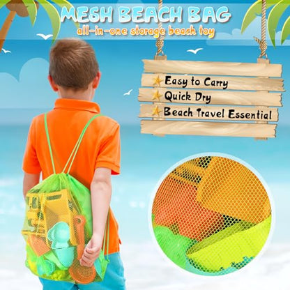 HUITEM Beach Sand Toys for Kids, 29PCS Sandbox Toys with 2 Collapsible Bucket Sand, 2 Dump Truck, Dinosaur Molds, Castle Building Kit, Shovel Sieve,Flags,Mesh Bag Travel Beach Toys for Toddler 3-10