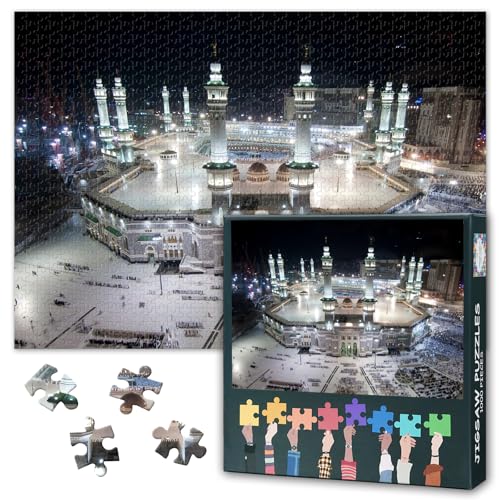 Jigsaw Puzzle 1000 Piece Set for Adults Mecca Grand Mosque Tawaf Scene Muslims Praying Around Kaaba Islamic Spiritual Artwork Large Size Wall Decor 27.5x19.7 Inch - color: Artwork-13
