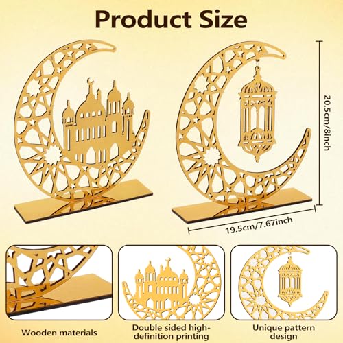 2 Pieces Ramadan Decorations for Home Islamic Eid Mubarak Kareem Table Sign Crescent Moon Hollow Star Ornament for Muslim Party Ramadan Table Decor Art Craft Decoration Golden Moon