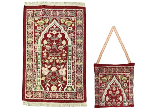 Red 2'4" x 3'7" Traditional Floral Low Pile Nylon Prayer Rug, with Elegant Design Bags, Soft, Non-Slip, Water-Resistant, Perfect for Prayer, Ramadan, Eid al Fitr, Gift