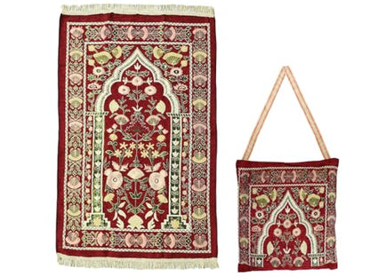 Red 2'4" x 3'7" Traditional Floral Low Pile Nylon Prayer Rug, with Elegant Design Bags, Soft, Non-Slip, Water-Resistant, Perfect for Prayer, Ramadan, Eid al Fitr, Gift