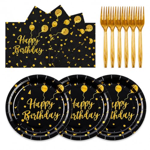 75PCS Happy Birthday Paper Plates - 7 Inch Black Gold Dot Paper Plates and 6.5 Inch Napkins with 6.3 Inch Gold Forks Disposable Tableware Set for Birthday Party Decorations, Serves 25 - color: Black Gold, size: 7inch-75pcs