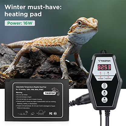 Tikaton Reptile Heating Pad and Digital Thermostat Combo Set, Under Tank Heater for 10-20gal/30-40gal Tank, Terrarium Heat Mat for Turtle/Snake/Lizard/Frog/Spider/Plant Box - size: 1 Pack-12" X 8"