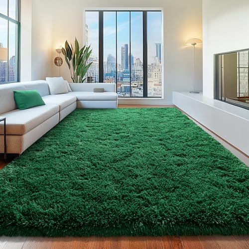 8x10 Dark Green Fluffy Shaggy Area Rug, Soft Large Carpet for Living Room - color: Dark Green, size: 8' x 10' (Rectangular)