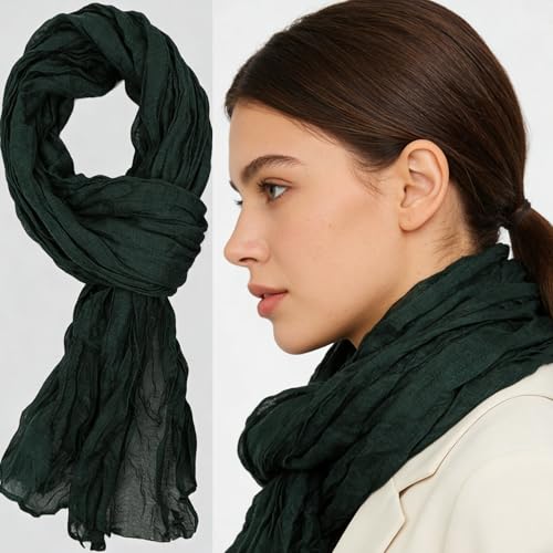 Women Crinkle Spring Scarf Shawls Summer Long Scarves Lightweight Hijab Wraps Soft Linen Cotton for Beach Travel - color: Dark Green