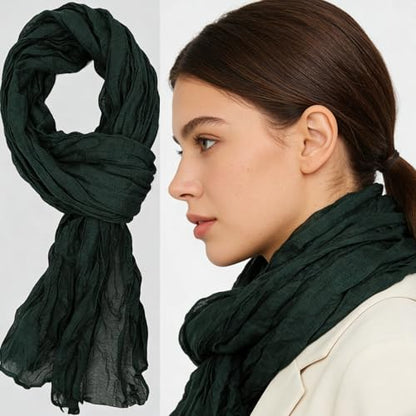 Women Crinkle Spring Scarf Shawls Summer Long Scarves Lightweight Hijab Wraps Soft Linen Cotton for Beach Travel - color: Dark Green